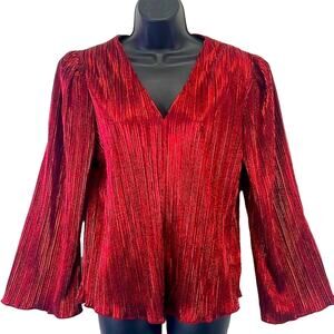 Chenault Red Metallic Shine Bell Sleeve Roll V Neck Stretchy Crinkle NWT Top M